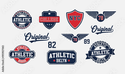 Athletic Brooklyn College Vector Badge Set with Vintage Collegiate Shield and Sports Stamp Emblems