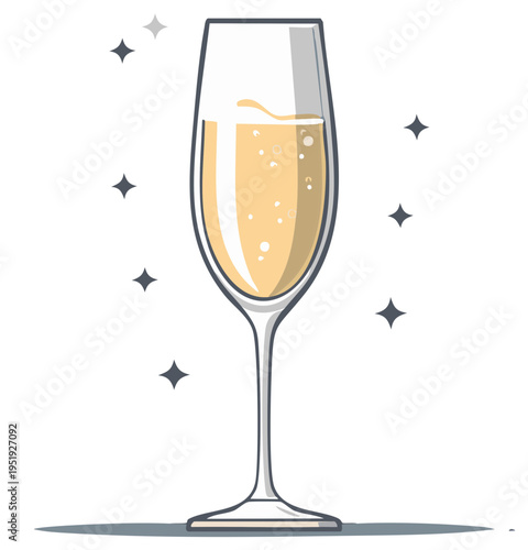 Sparkling Champagne Flute Filled with Bubbly Golden Liquid and Twinkling Stars Illustration