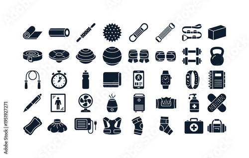 Stretching and mobility training gear including yoga mat pad, foam roller cylinder, massage roller stick, massage ball spiky,