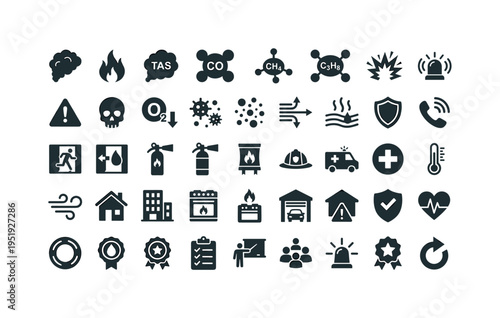 Fire and gas hazard warning concept symbols showing smoke cloud icon, flame fire symbol, toxic gas cloud, carbon monoxide molecule