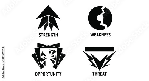 SWOT analysis business strategy concept with strength, weakness, opportunity, threat icons on white background for marketing and planning