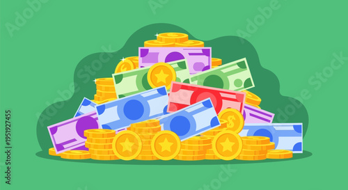 Pile of money and coins.