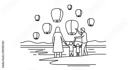 Family releasing sky lanterns at dusk a minimalist line drawing illustration