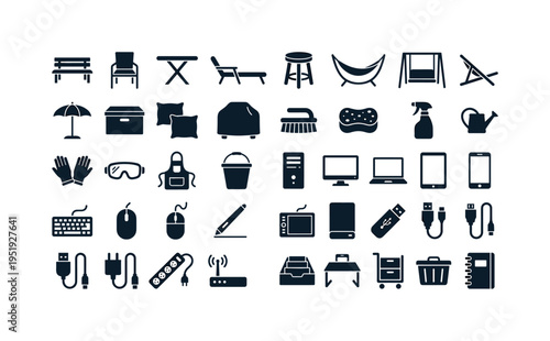 Garden furniture care setup including wooden bench, patio chair, outdoor table, lounge chair, garden stool, hammock stand, swing