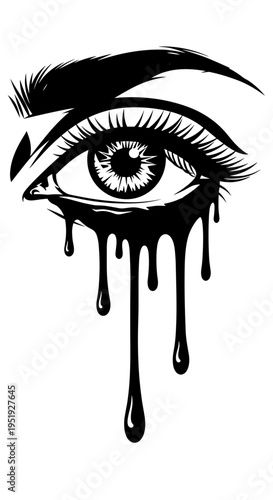 Closeup of woman eye with black tears.