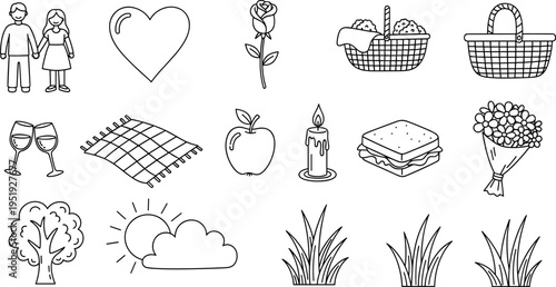 Romantic picnic icons for a perfect date, featuring a couple, heart, rose, and food