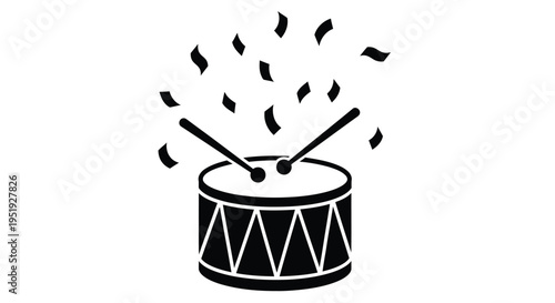 A black and white illustration of a drum with drumsticks and confetti falling