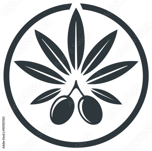 Olive branch circular emblem design showcasing olives and leaves for logo or icon use in food or cosmetic industry applications