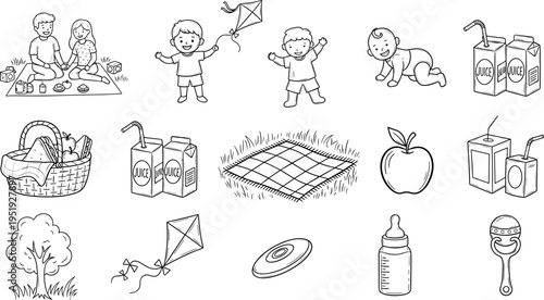 Collection of hand-drawn picnic and baby items for outdoor fun and family activities