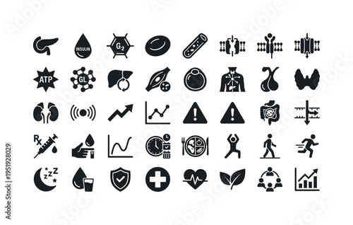 Glucose metabolism and endocrine system symbols showing pancreas organ shape, insulin hormone droplet, glucose molecule hexagon,