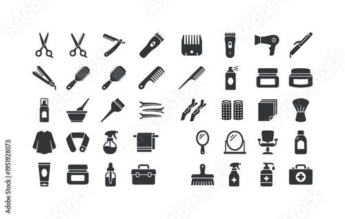 Hair styling tools including haircut scissors, thinning scissors, barber razor straight, electric hair clipper, clipper guard comb