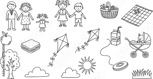 Fun and playful doodles of families enjoying a sunny day outdoors