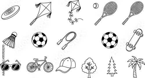 Collection of hand-drawn outdoor recreation and sports equipment icons