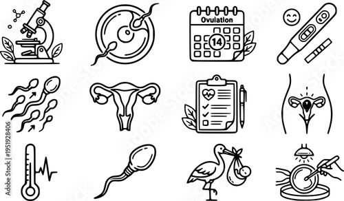 Flat design collection of fertility icons including microscope fertilized egg calendar ovulation sperm and medical clipboard symbols