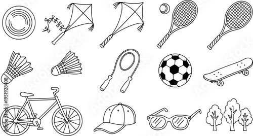 Collection of hand-drawn outdoor activity and sports equipment icons on a white background