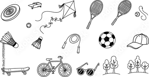 Collection of hand-drawn sports and outdoor activity equipment and elements