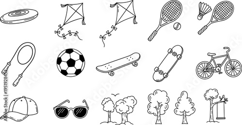 Collection of hand-drawn outdoor activity and leisure items for summer fun