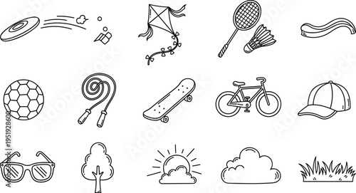 Collection of hand-drawn outdoor activity and nature icons in a simple line art style