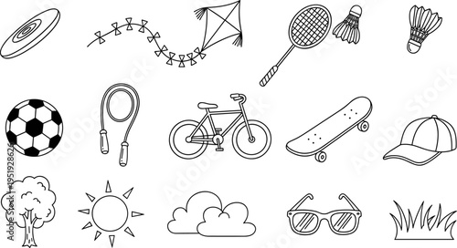 Collection of hand-drawn outdoor activity and summer icons in a simple line art style