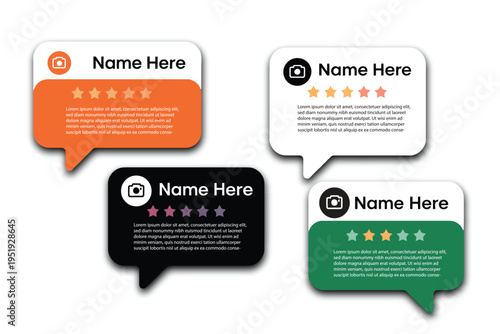 Client feedback template illustration, speech bubble review design with rating stars for social media posts, stories, websites, and customer testimonials.