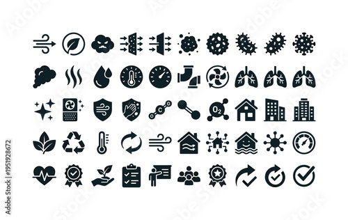 Indoor air circulation and purification concept symbols showing airflow arrows swirl, fresh air leaf symbol, stale air cloud icon,