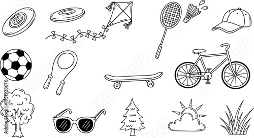 Collection of hand-drawn outdoor activity and sports equipment icons