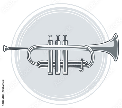 Illustration of a silver trumpet inside of a gray circle.