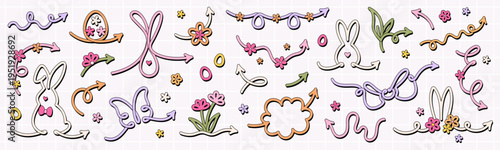 Set of cute easter theme unusual various colorful arrows in cartoon groovy style. Vector curvy, shaped and wavy arrows.
