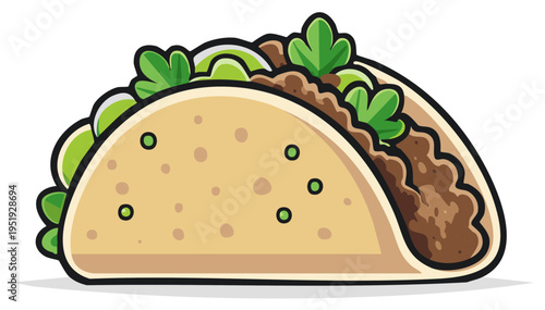 Delicious Cartoon Taco Filled with Meat Lettuce and Tomatoes Mexican Food Illustration
