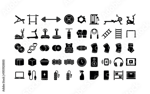 Indoor training accessories featuring adjustable workout bench, squat rack frame, barbell weight bar, weight plate disc, weight