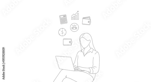 Vector illustration of woman working on laptop with icons