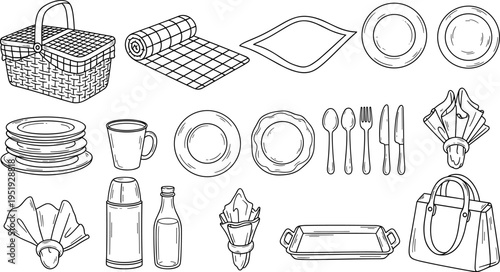 Collection of picnic essentials including basket, plates, cutlery, and thermos