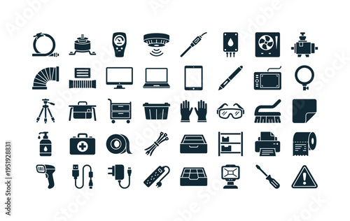 Industrial ventilation accessories featuring duct clamp set, vibration isolator mount, airflow meter device, smoke detector unit,