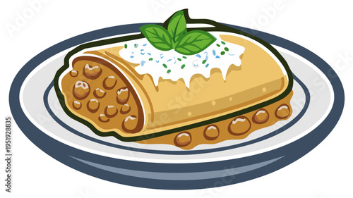 Burrito vector illustration with toppings on a plate, featuring beans, crema, and mint, simple isolated stylized image