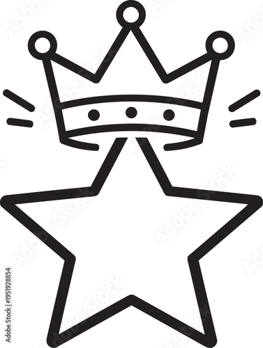 A black and white drawing of a star with a crown on top