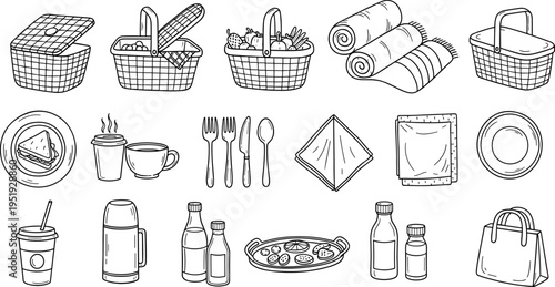 Hand-drawn picnic essentials collection, perfect for outdoor dining and summer adventures