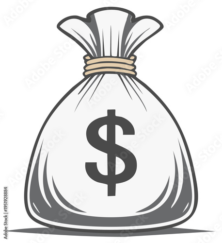 Full money bag vector graphic with dollar sign for wealth and financial success concepts. Minimalist treasure sack in grey shades.