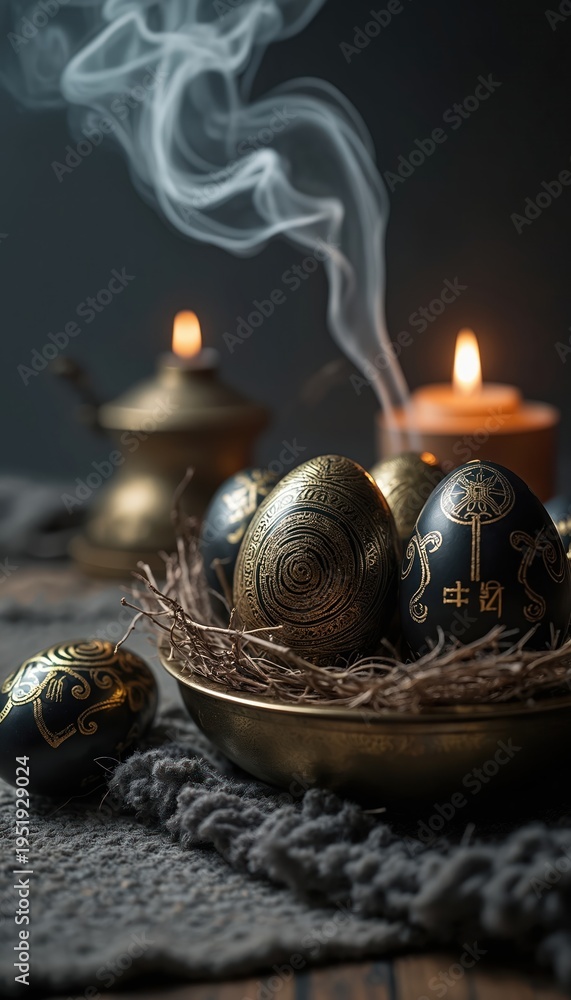 Obraz premium Black and gold Orthodox Easter eggs with labyrinth designs sit in a nest on a rug. Lit candles and incense smoke create a spiritual atmosphere, evoking tradition and rich heritage.