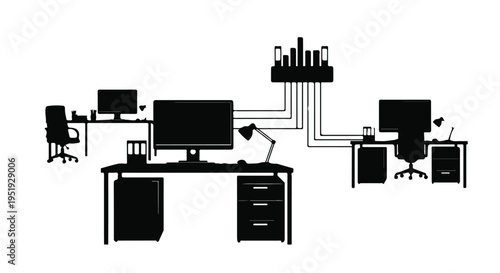 Modern office workspace with multiple workstations computers and server data center technology illustration