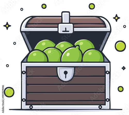 Open Treasure Chest Filled With Bright Green Round Objects and Sparkles