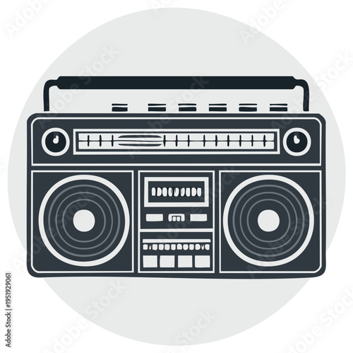 Retro boombox stereo cassette player with speakers and radio tuner graphic