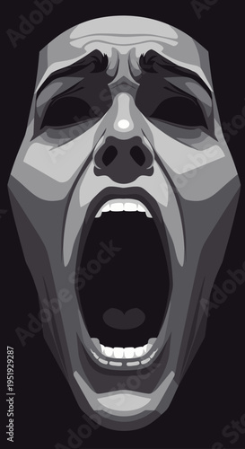 Scream face gray metal sculpture head.