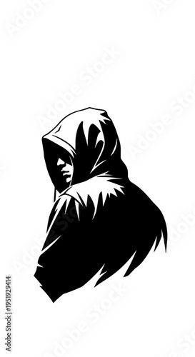 Hooded figure in black silhouette profile.
