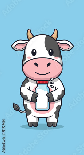 Cartoon cow holding milk bottle.