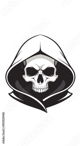 Black and white hooded skull illustration.