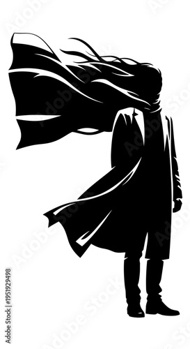 Silhouette of a person wearing cloak.