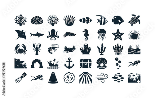 Marine life shooting reference items showing coral reef branch, brain coral dome, sea fan coral, anemone tentacles, clownfish pair