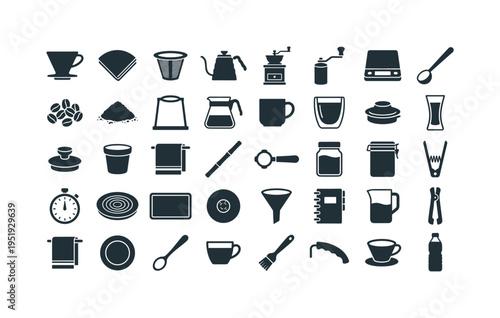 Manual coffee brewing tools including pour over dripper cone, paper filter stack, reusable metal filter, gooseneck kettle, coffee