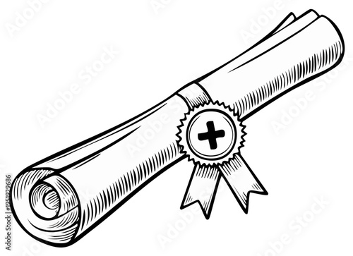 Engraved style rolled diploma or certificate scroll with seal and ribbon featuring a medical plus symbol