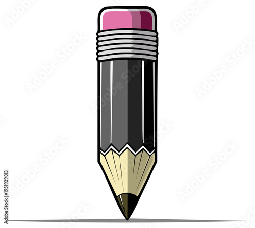 Sharp graphite pencil with pink eraser pointed downwards casting a shadow